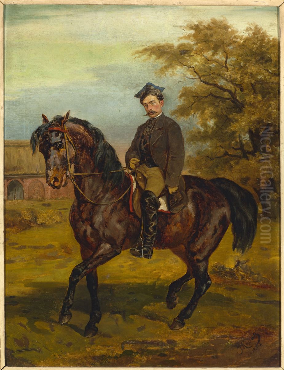 Portrait of a horseman in a peaked cap Oil Painting by Juliusz Kossak
