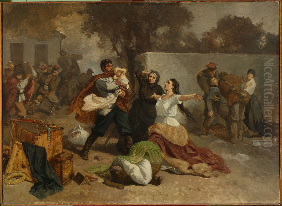 Fire of a manor house near Miechow Oil Painting by Artur Grottger