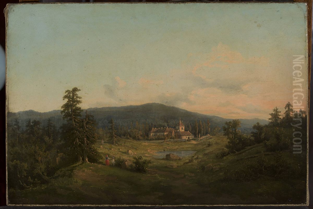 Mountain landscape with church and monastery Oil Painting by Feliks Brzozowski