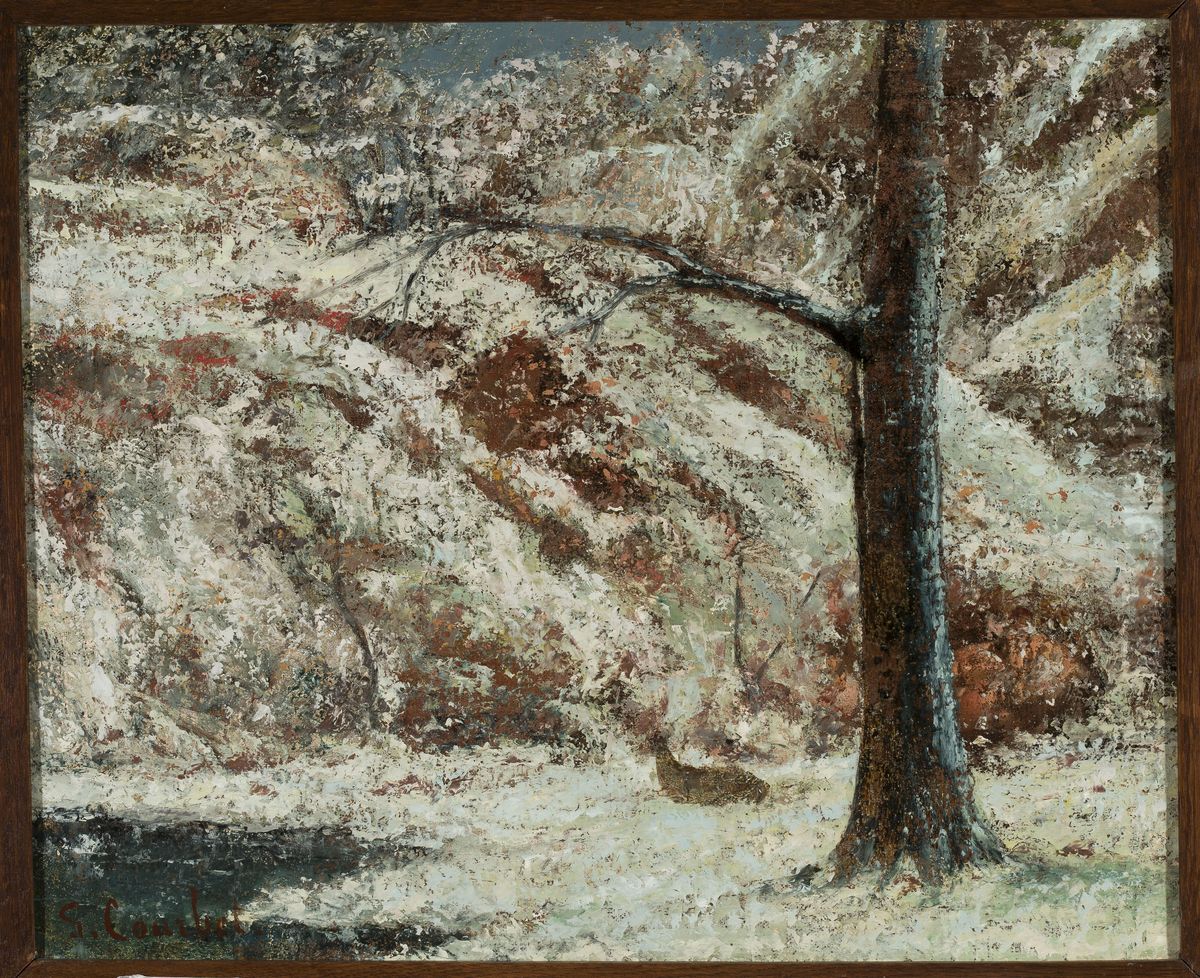 Fawn in the snow in the woods Oil Painting by Gustave Courbet
