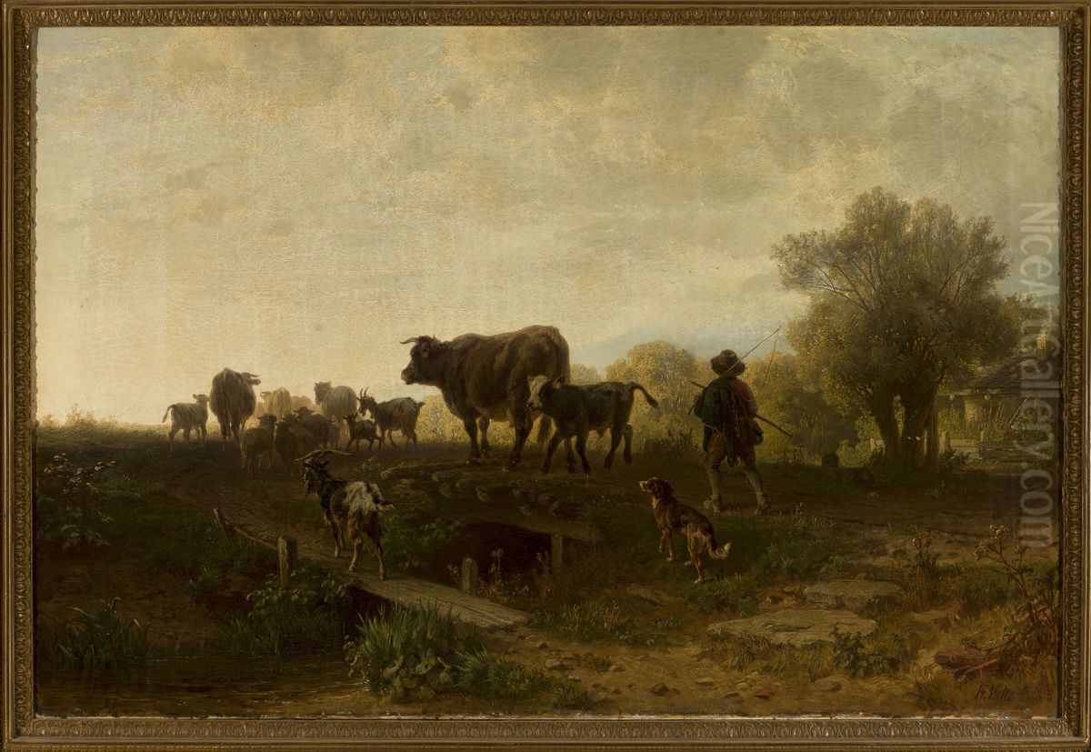 Shepherd with cattle Oil Painting by Friedrich Voltz