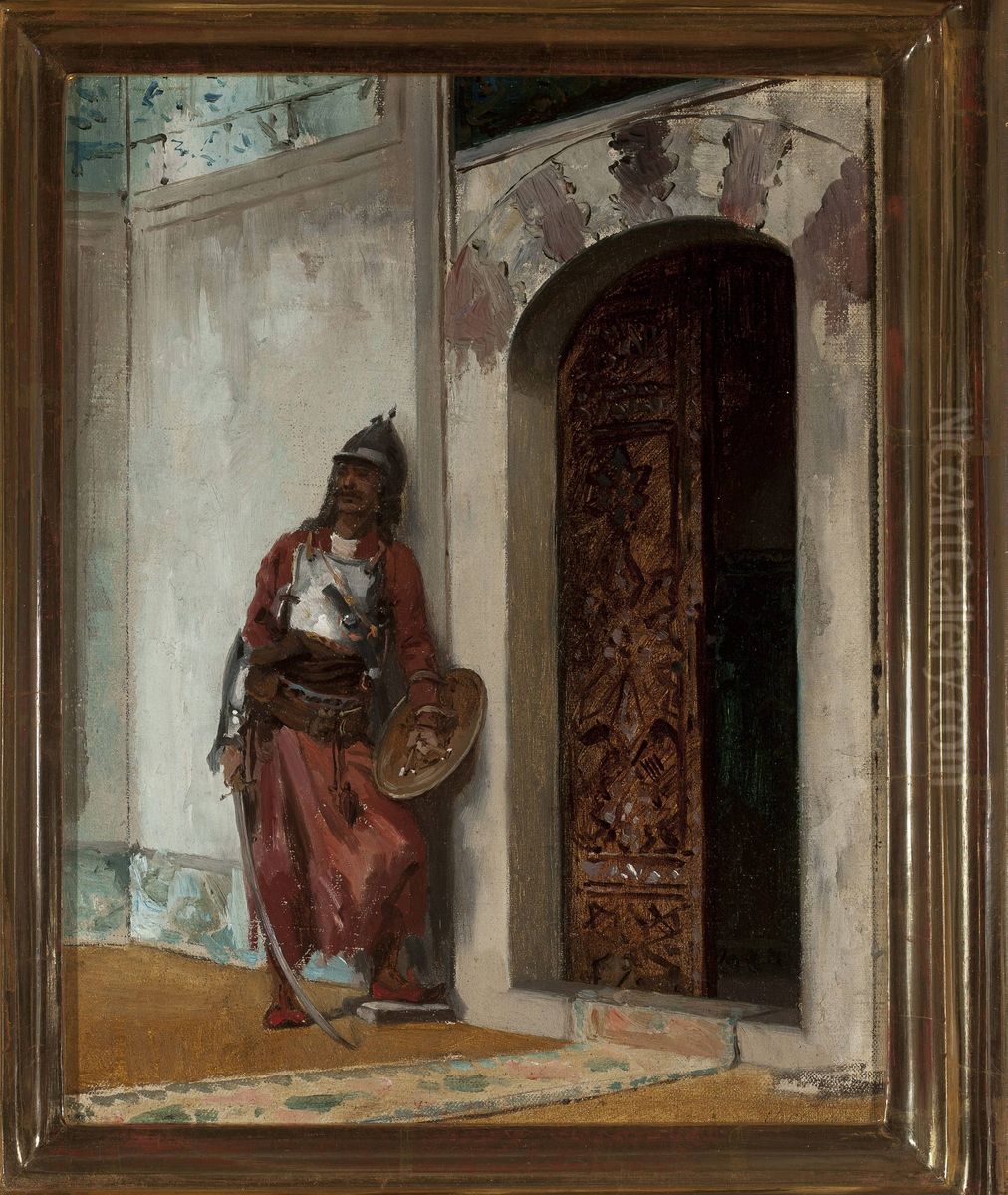 Guard at the entrance to the seraglio Oil Painting by Stanislaw Chlebowski