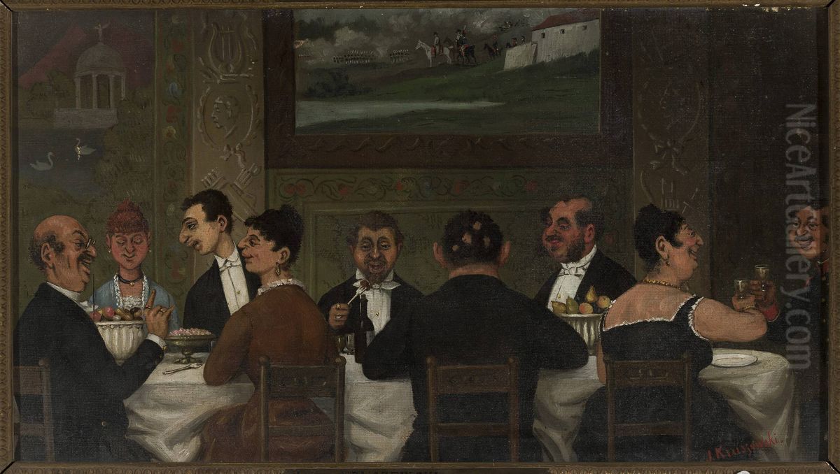 Dinner party at a wealthy Jewish house in Krakow Oil Painting by Jozef Wincenty Kruszewski