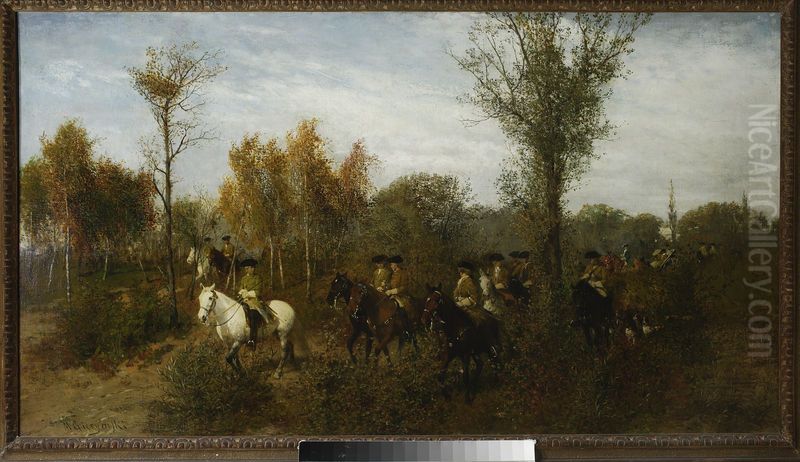 Horsemen passing though a birch grove Oil Painting by Maksymilian Gierymski