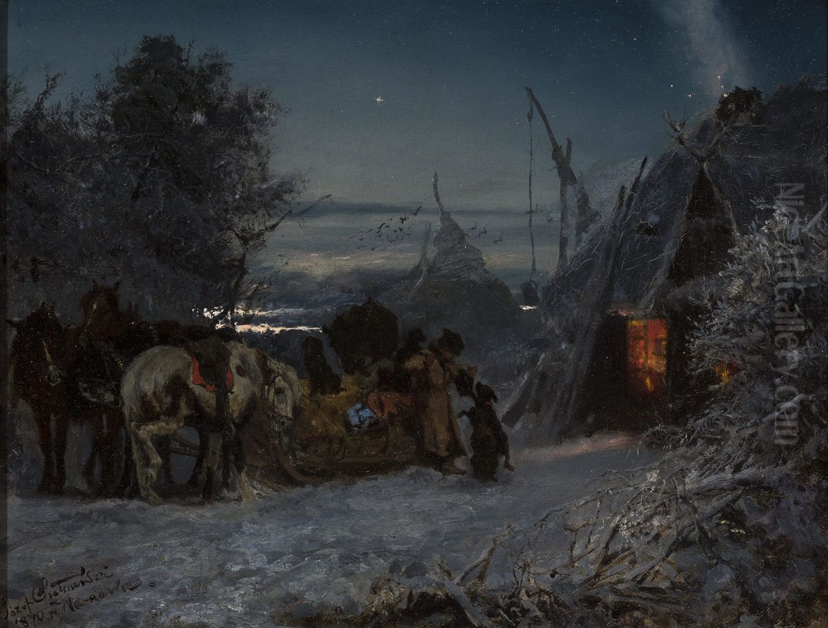 Sleigh in front of a hut at night Oil Painting by Jozef Chelmonski