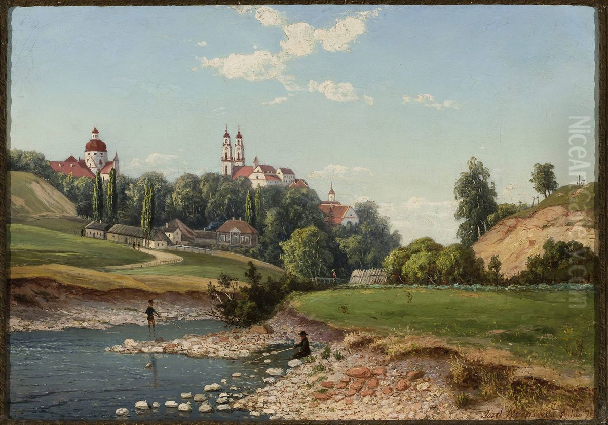 View of the church of Missionaries and Visitation Sisters in Vilnius Oil Painting by Jozef Marszewski