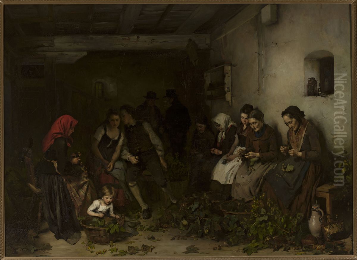 Hop husking Oil Painting by Rudolf Hirth Du Frenes