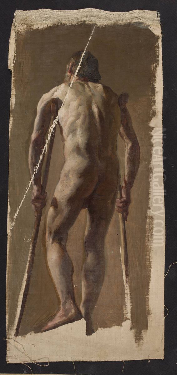 Nude of an old man leaning on crutches, back view Oil Painting by Kazimierz Alchimowicz