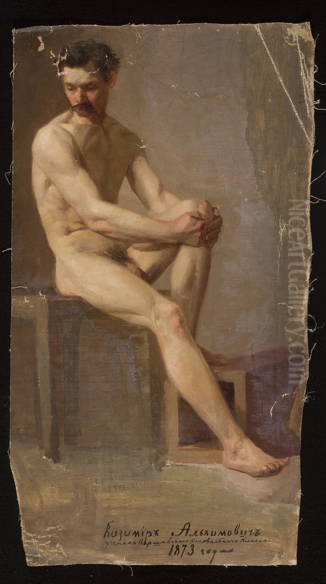 Nude of a seated man Oil Painting by Kazimierz Alchimowicz