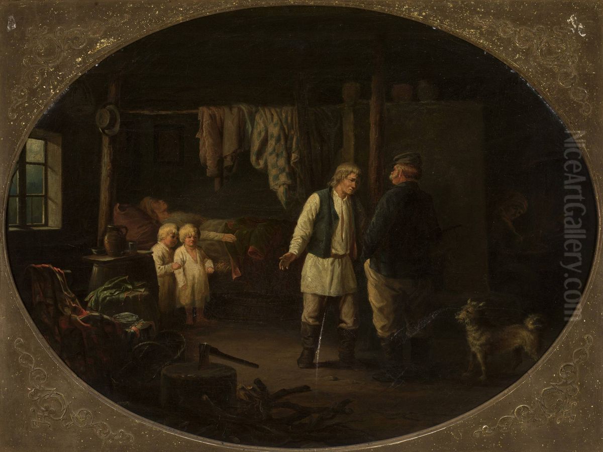 Destitution in a peasant cottage Oil Painting by Jozef Polkowski