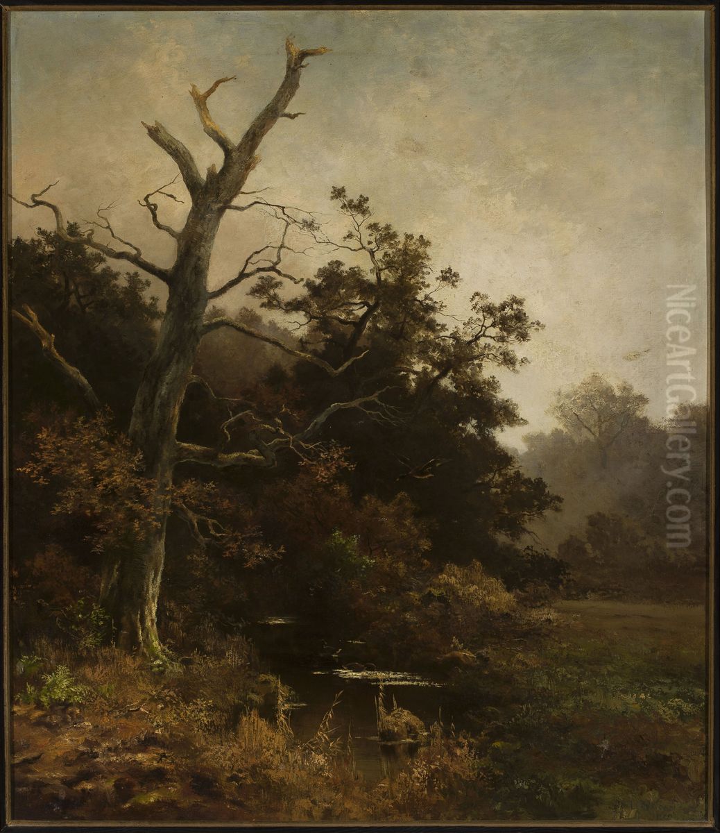 Withered tree on a river bank Oil Painting by Ludwig Willroider