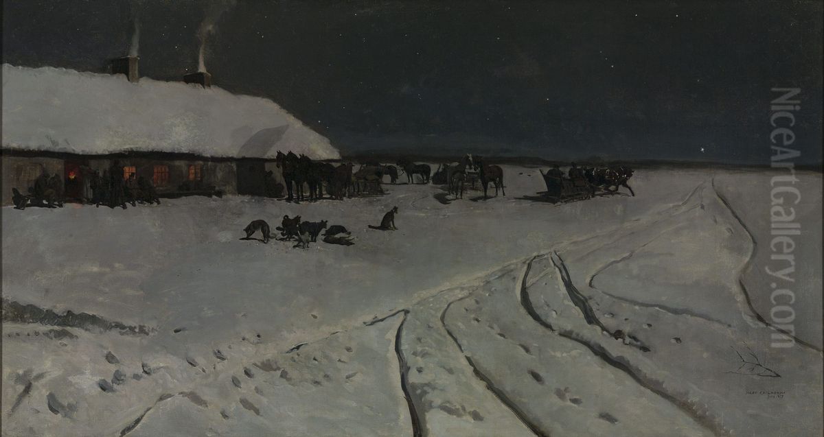 Winter night in Ukraine Oil Painting by Jozef Chelmonski