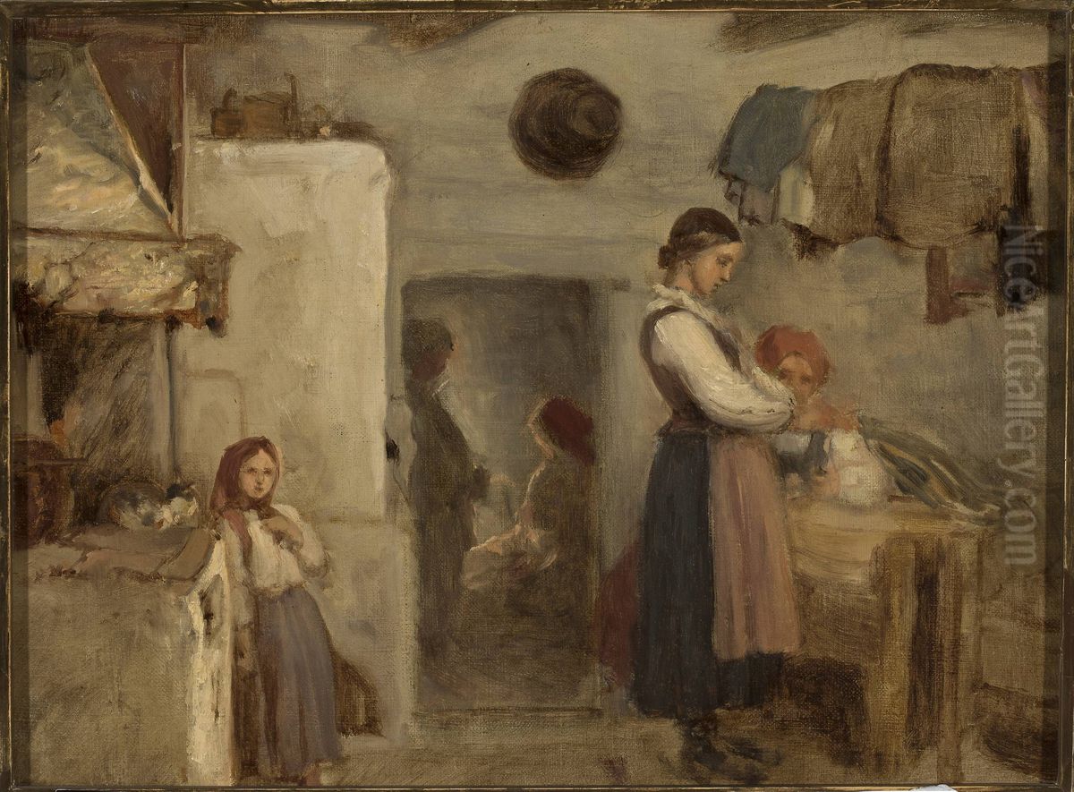 Peasant cottage interior Oil Painting by Aleksander Kotsis