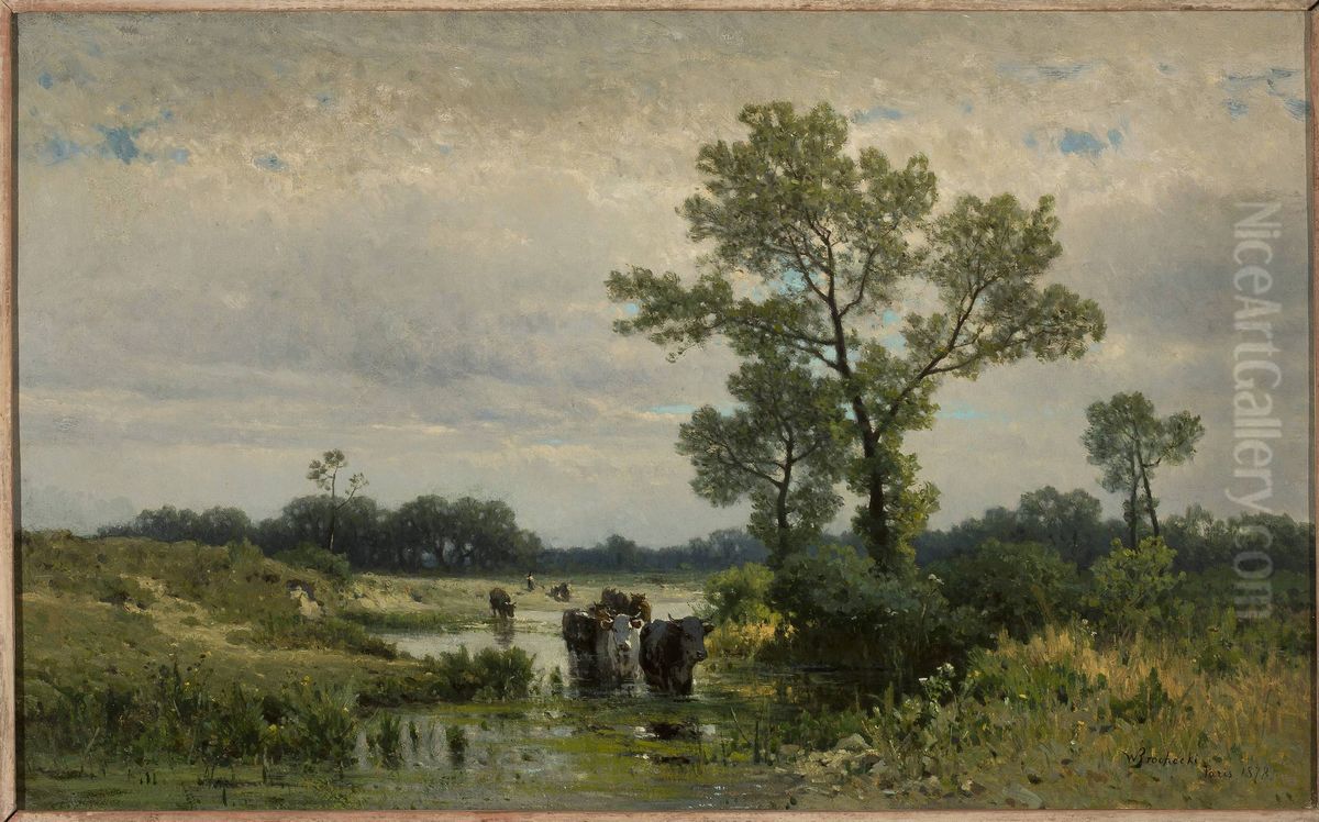 Cows crossing the river Oil Painting by Walery Brochocki