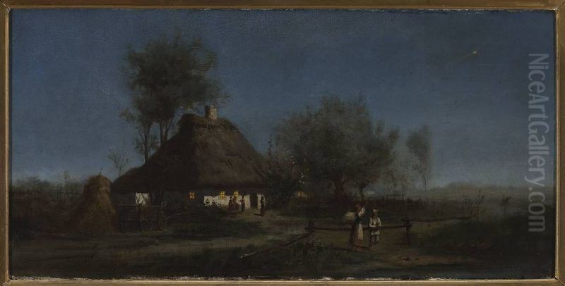 Village at night - a comet Oil Painting by Aleksander Mroczkowski