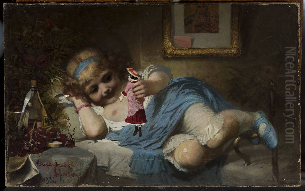 Girl with a doll - Convalescent Oil Painting by Wandalin Strzalecki