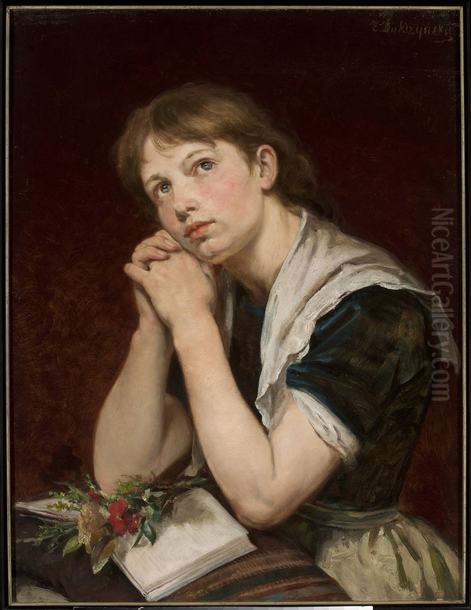 Girl with a book Oil Painting by Emilia Dukszynska-Dukszta
