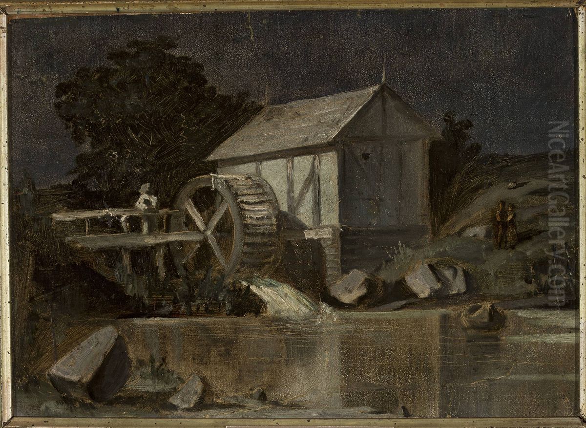 Mill at the river on a moonlit night Oil Painting by Jan Stanislawski