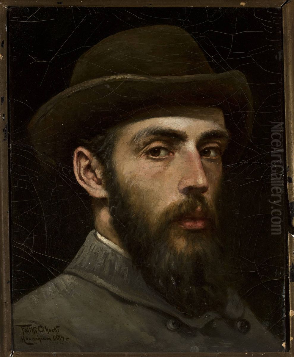 Self-portrait in a hat Oil Painting by Feliks Cichocki