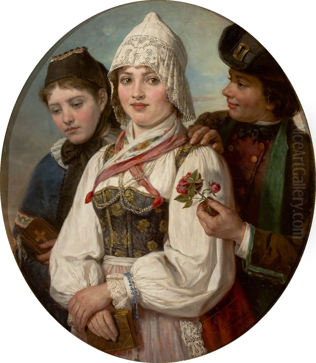 Dwie rywalki o roze gajowego Oil Painting by Emilia Dukszynska-Dukszta