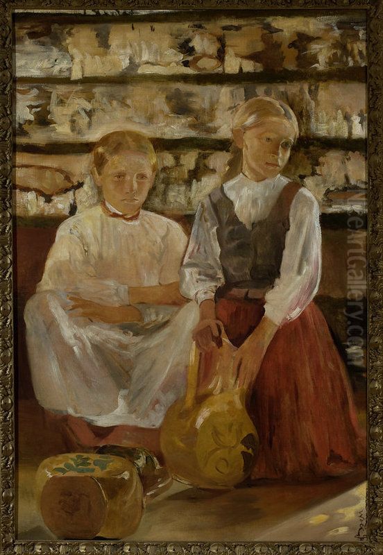 Two girls with a pitcher Oil Painting by Jacek Malczewski