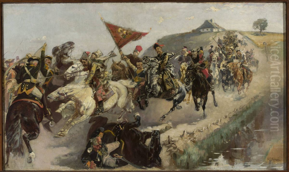 Skirmish on the road Oil Painting by Waclaw Pawliszak