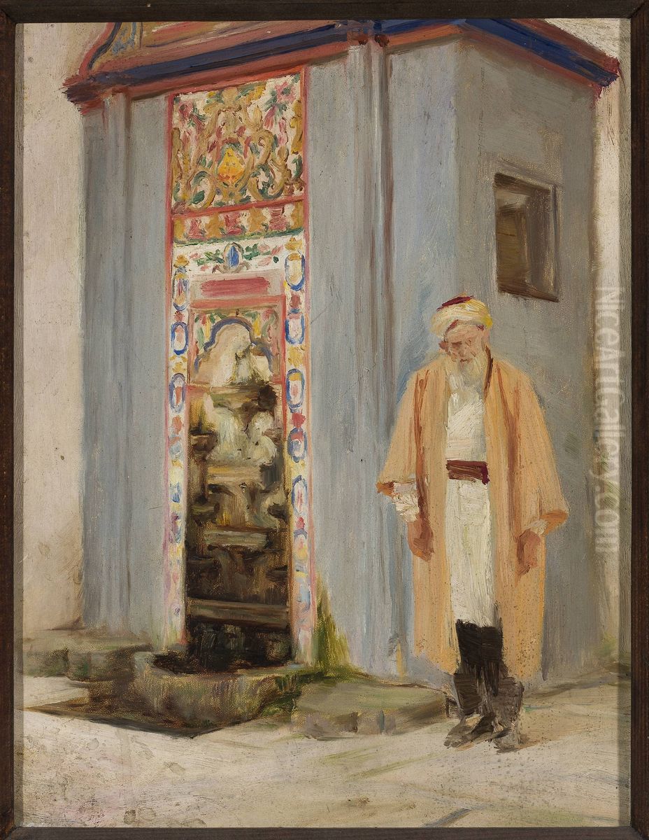 Local man by the fountain in Bakhchisaray. From the journey to Crimea Oil Painting by Jan Ciaglinski