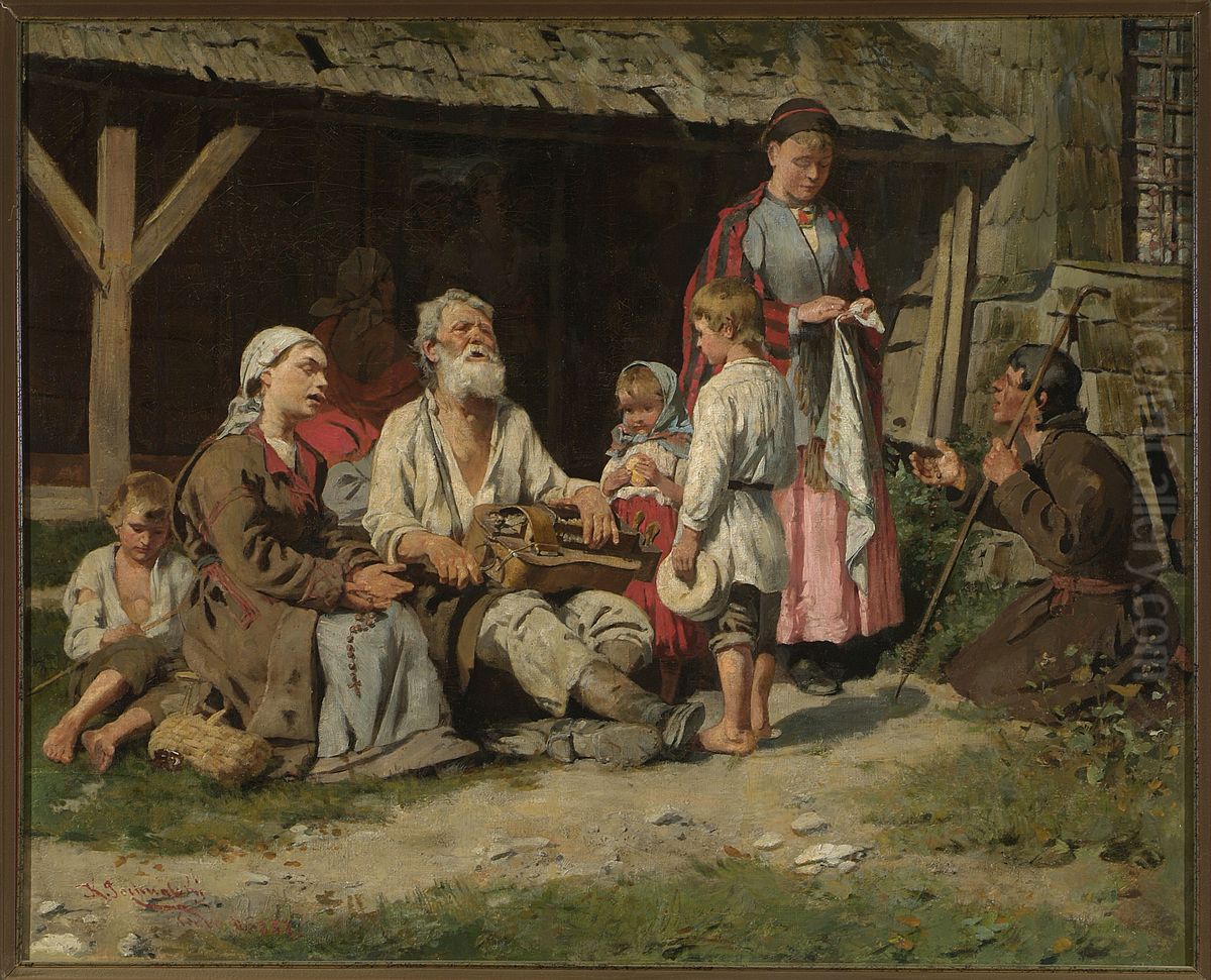 Genre scene - a hurdy-gurdy player in front of a cottage Oil Painting by Kazimierz Pochwalski