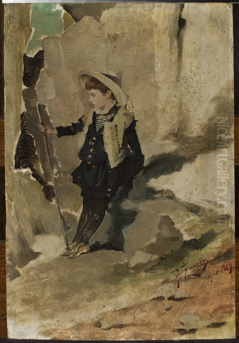 Ojcow - Boy against the rocks Oil Painting by Franciszek Zmurko