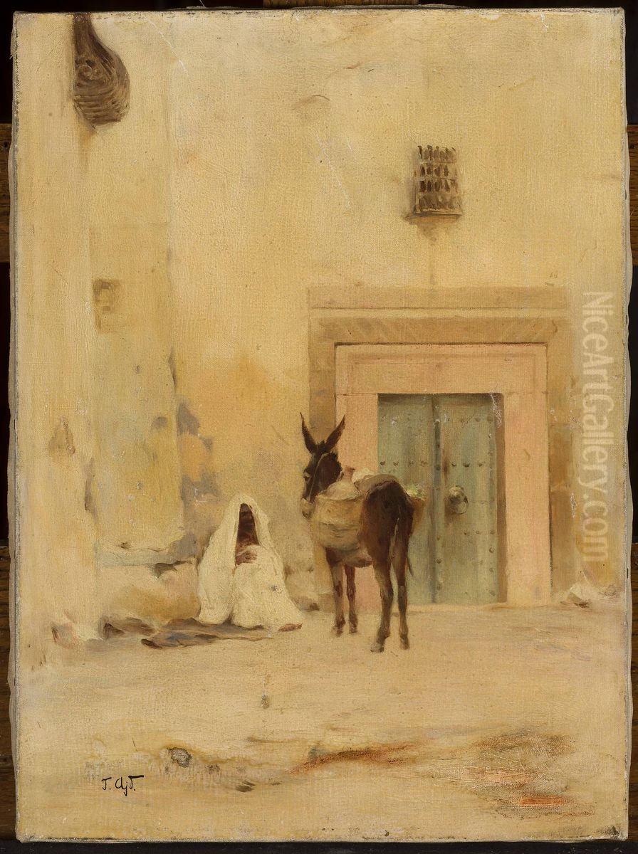 Arab and a donkey at the wall of a house Oil Painting by Tadeusz Ajdukiewicz