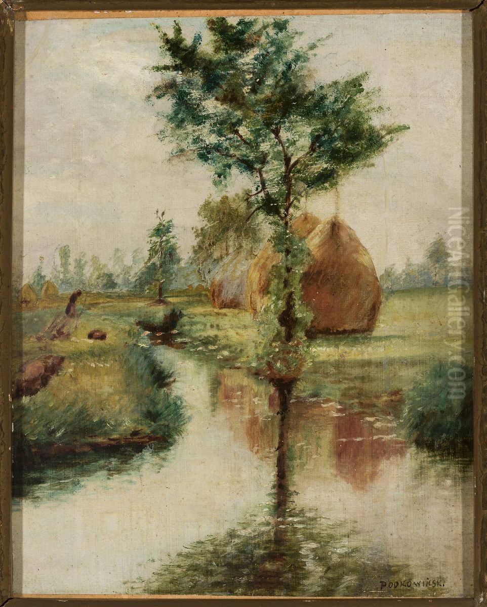 Haystacks at a stream Oil Painting by Wladyslaw Podkowinski