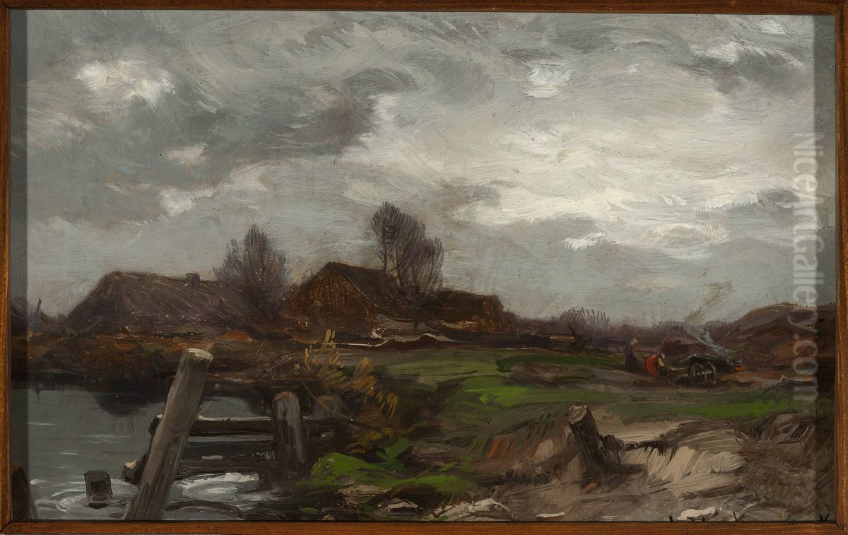 Landscape - Cottages at waterside Oil Painting by Roman Kochanowski