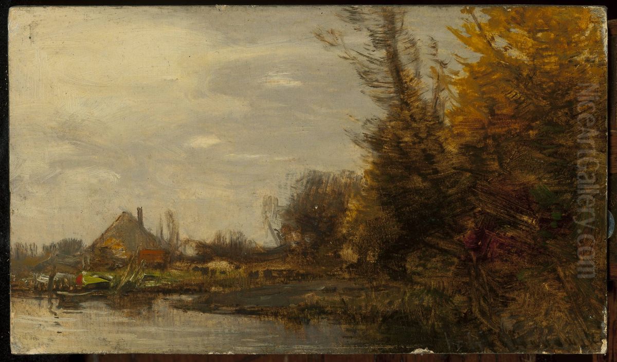 Autumn landscape with a cottage at waterside Oil Painting by Roman Kochanowski