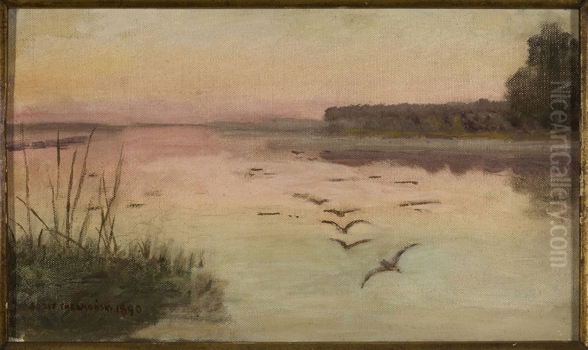Lake at dusk Oil Painting by Jozef Chelmonski
