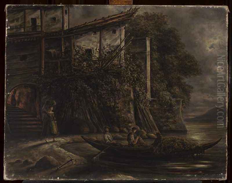 Fishermen embarking at night Oil Painting by Cyprian Lachnicki