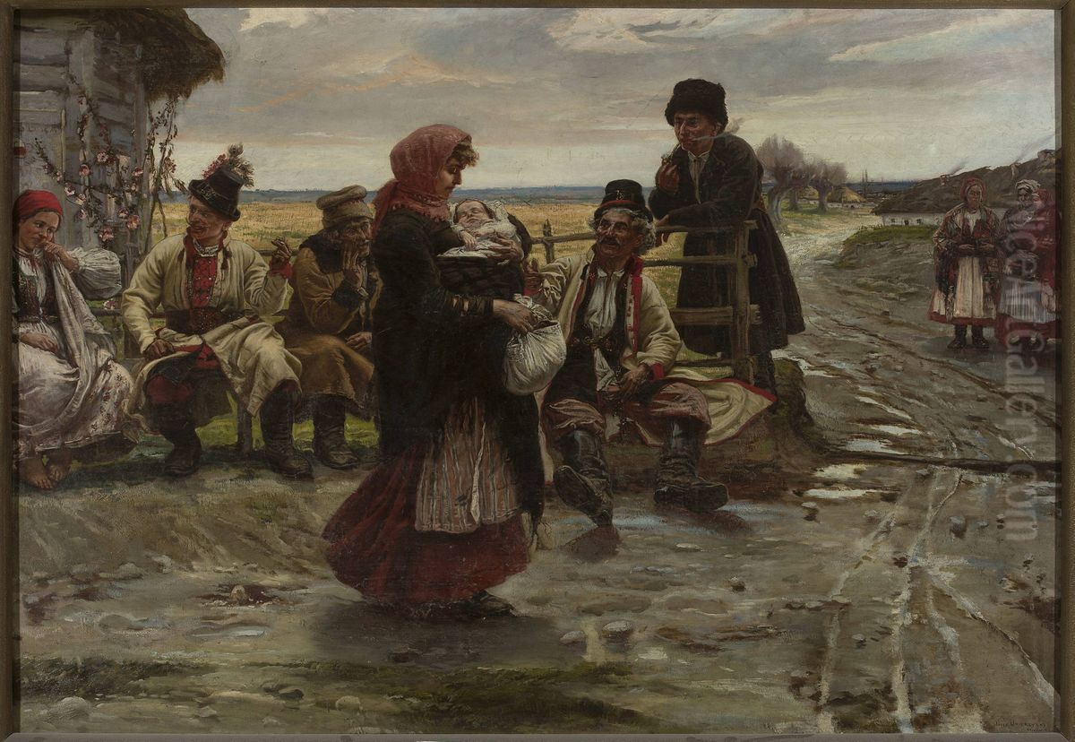 At the entrance to a tavern Oil Painting by Jozef Unierzyski