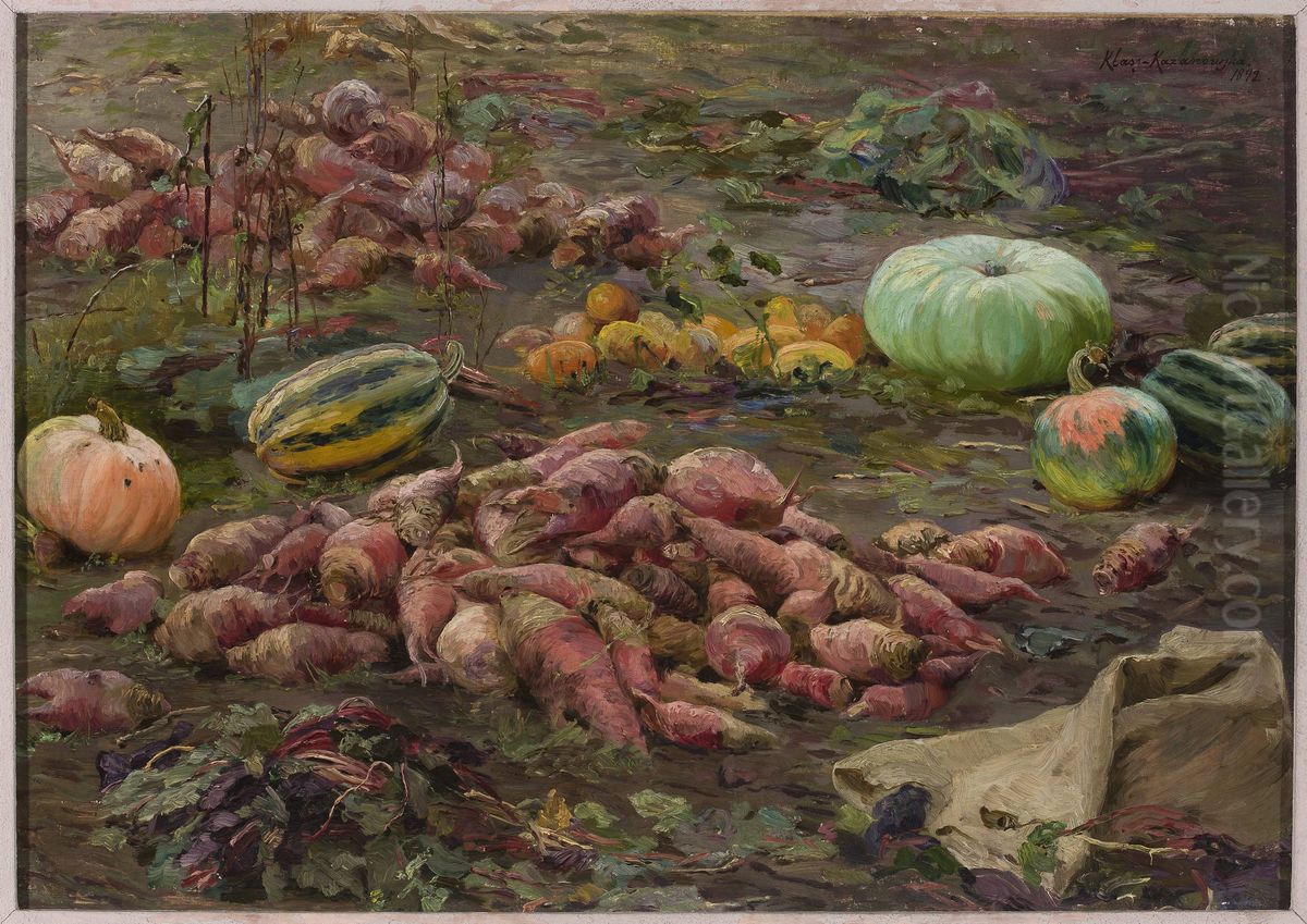 Still life - bumpkins and pumpkins in the field Oil Painting by Maria Klass-Kazanowska