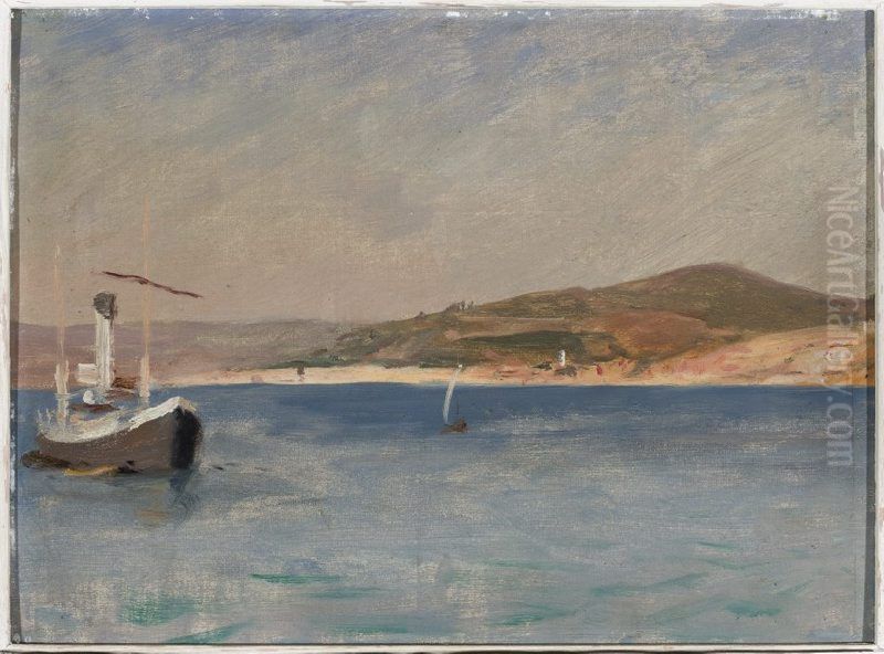 Sea with a ship at the coast. From the journey to Constantinople Oil Painting by Jan Ciaglinski