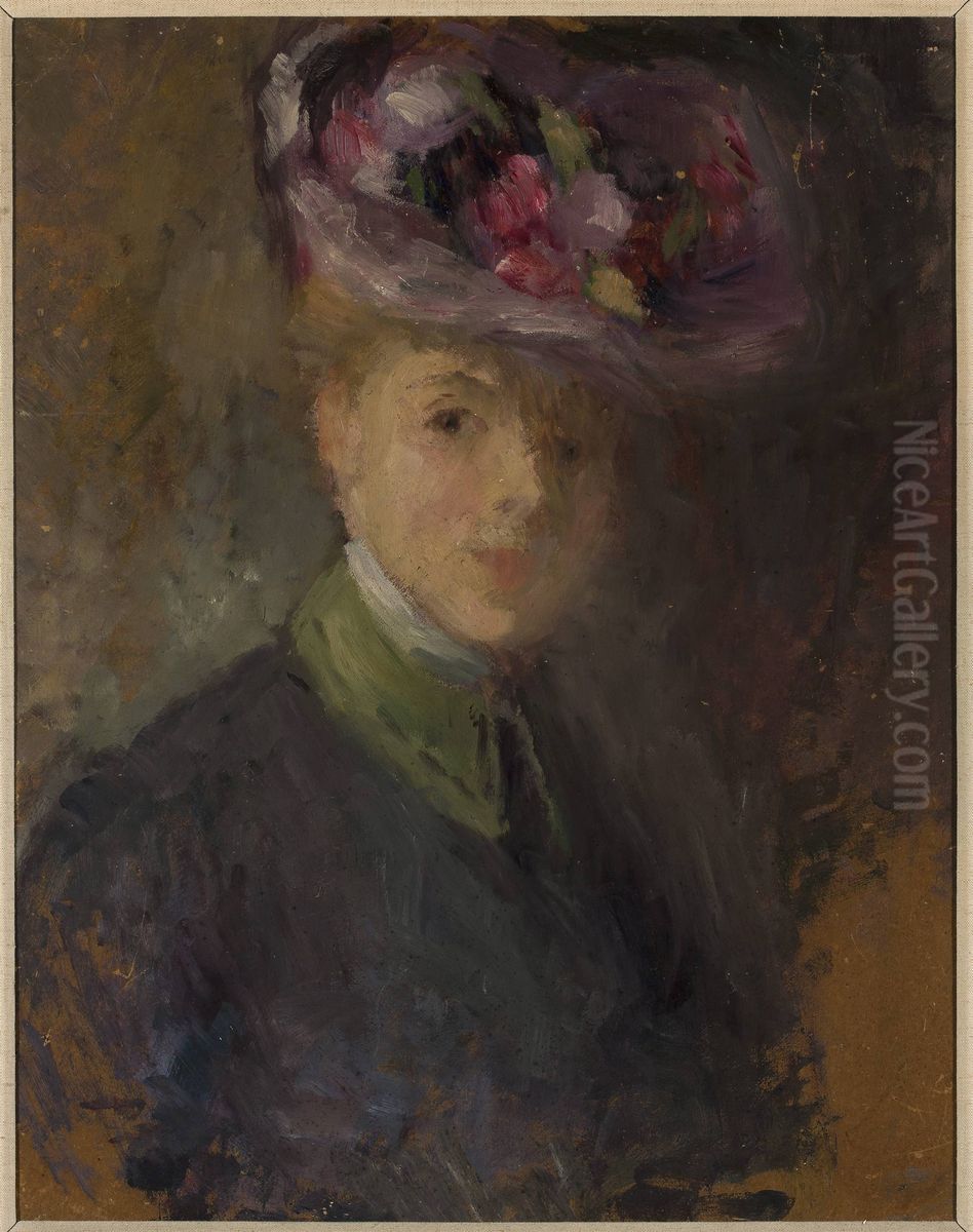Portrait of a woman in a hat with flowers Oil Painting by Olga Boznanska