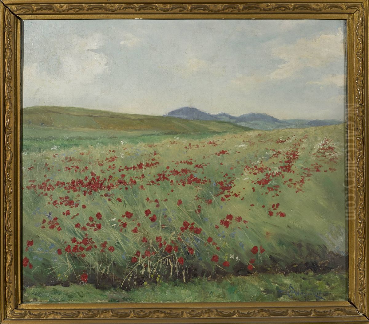 Field of poppies Oil Painting by Henryk Weyssenhoff