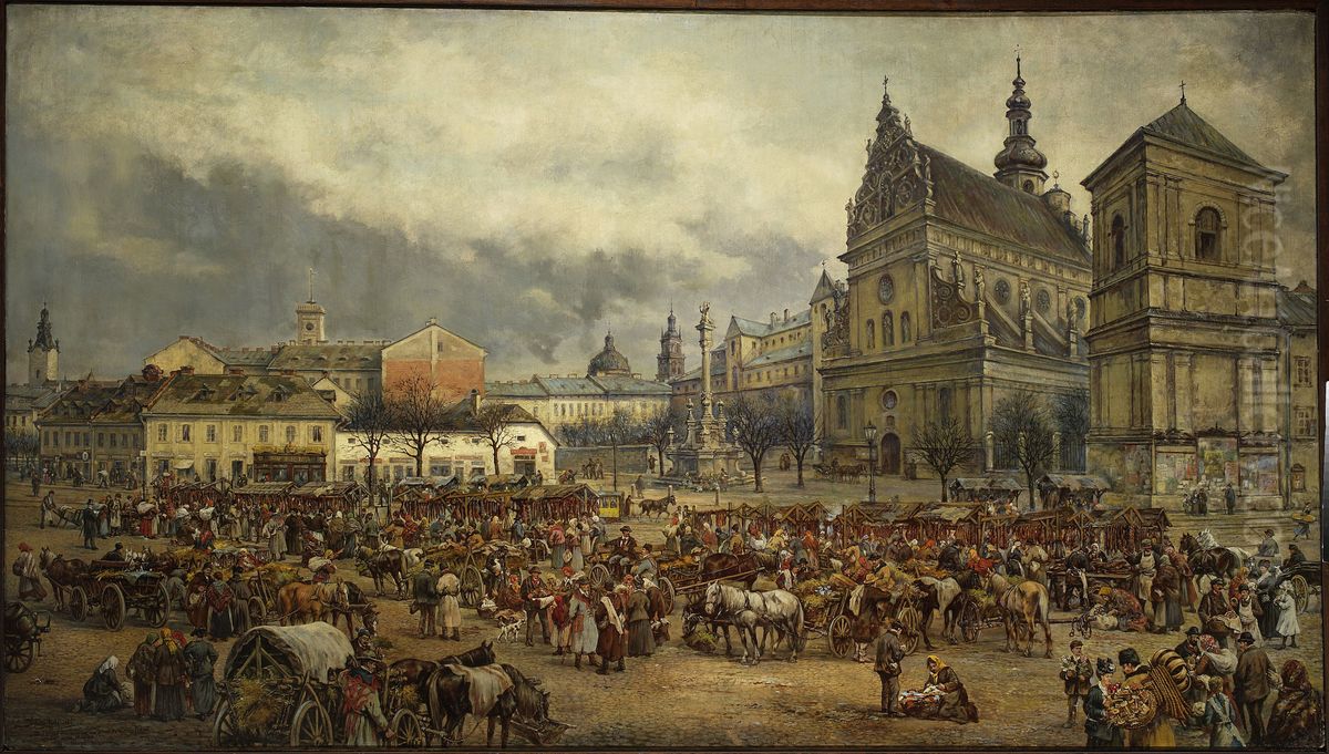 Fair before Easter at the Bernardine square in Lviv in 1895 Oil Painting by Tadeusz Rybkowski