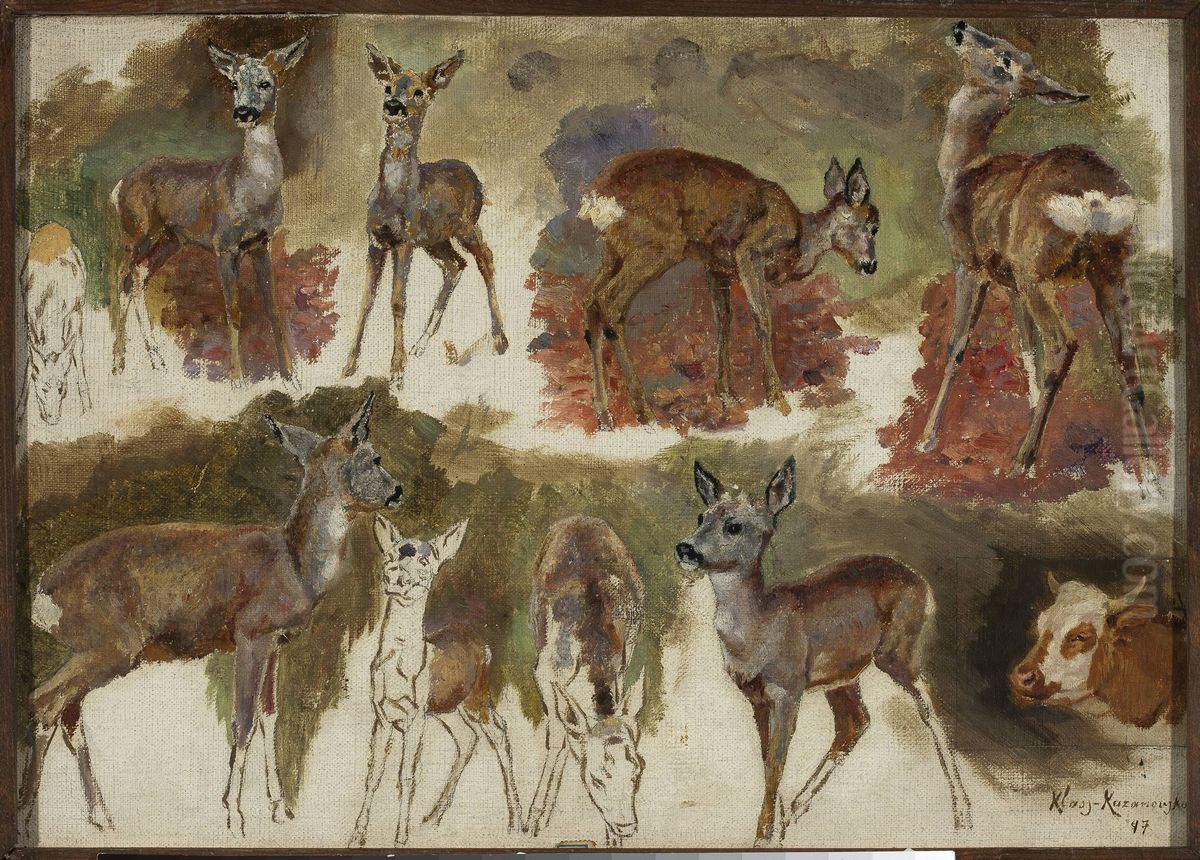 Studies of does Oil Painting by Maria Klass-Kazanowska
