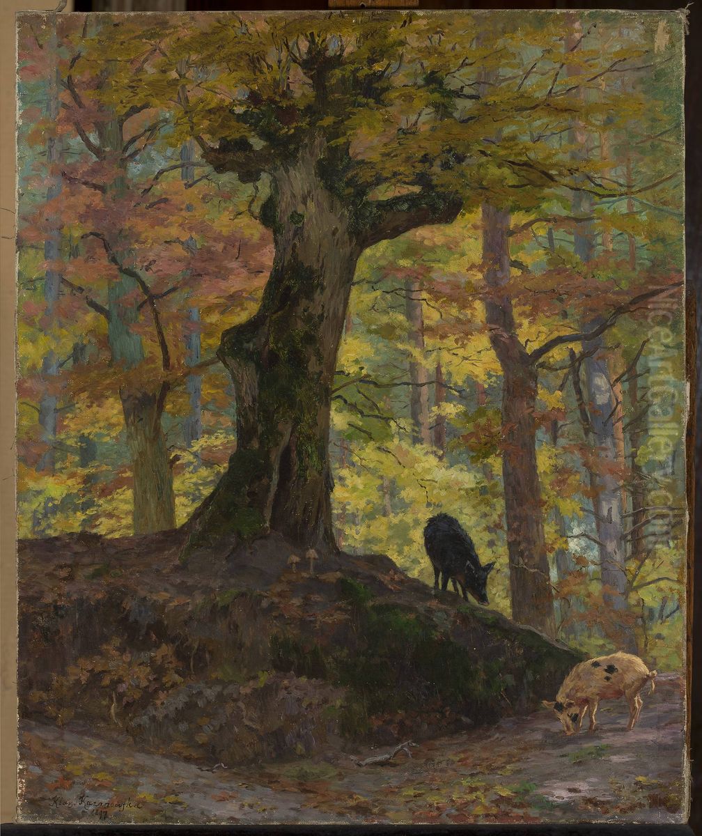 Wild pigs in the forest Oil Painting by Maria Klass-Kazanowska