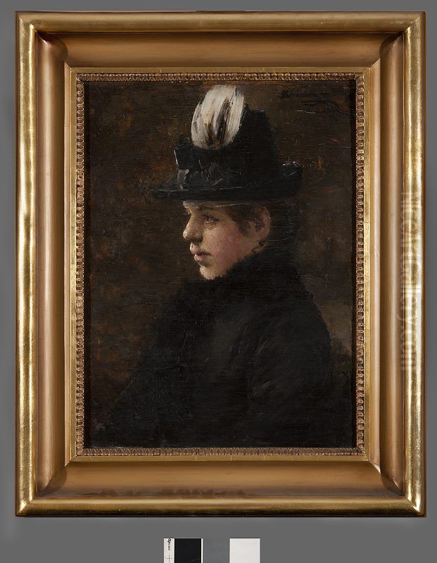 Study of a girl in a hat with a little feather Oil Painting by Olga Boznanska