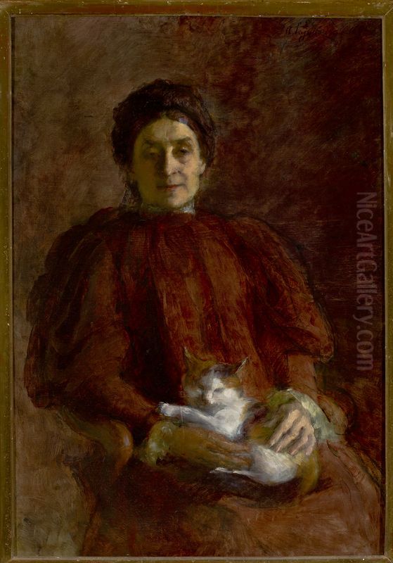 Portrait of a woman with a cat Oil Painting by Aniela Pajakowna