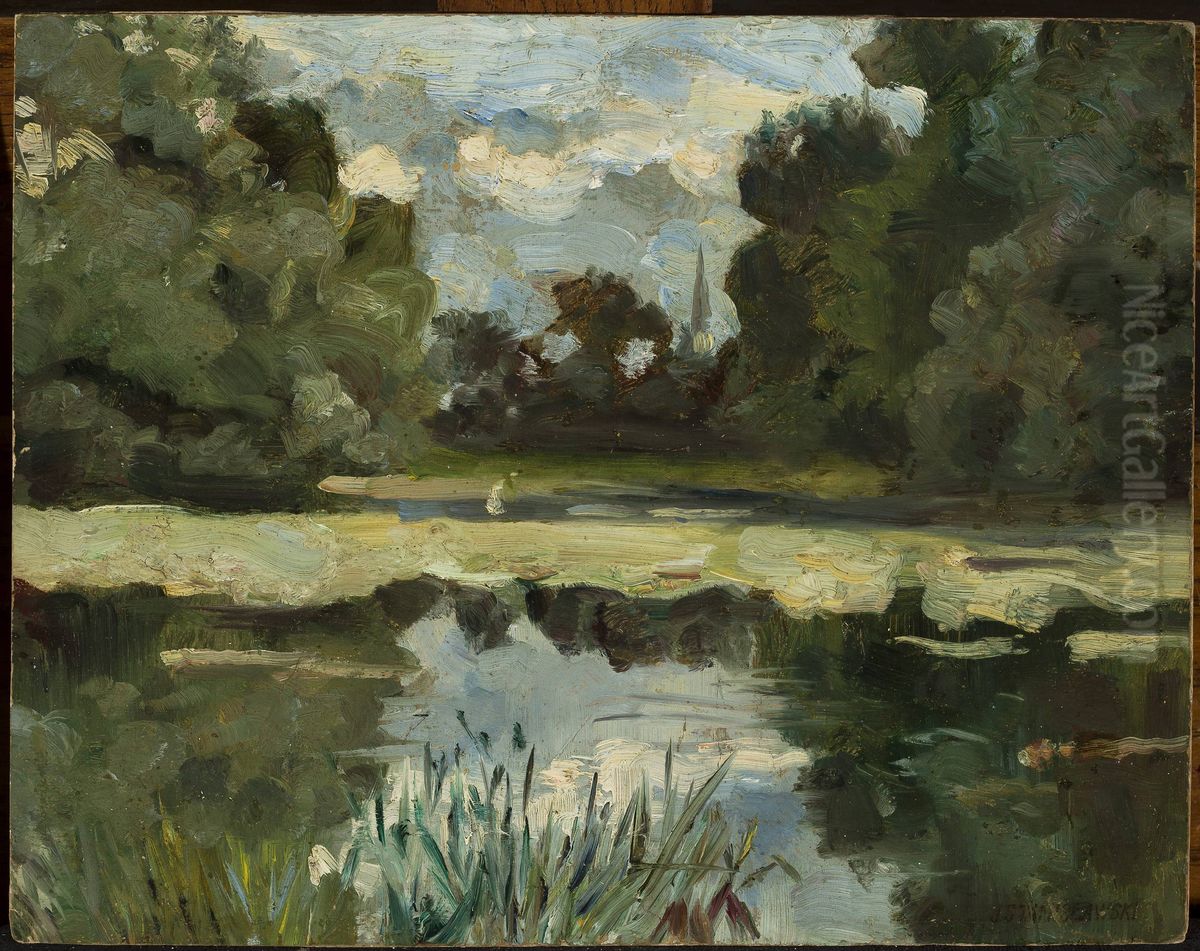 Park landscape with a pond Oil Painting by Jan Stanislawski