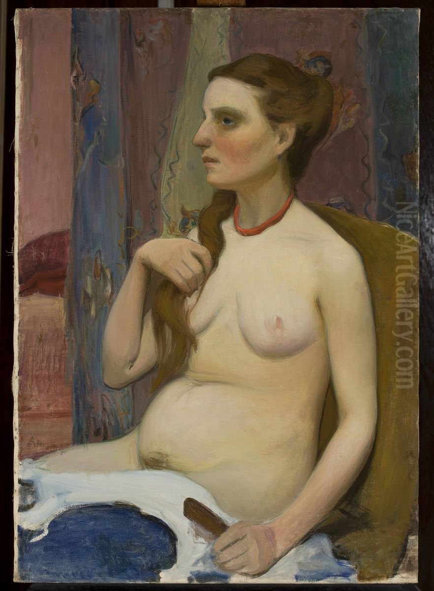 Nude of a woman combing her hair Oil Painting by Wladyslaw Slewinski