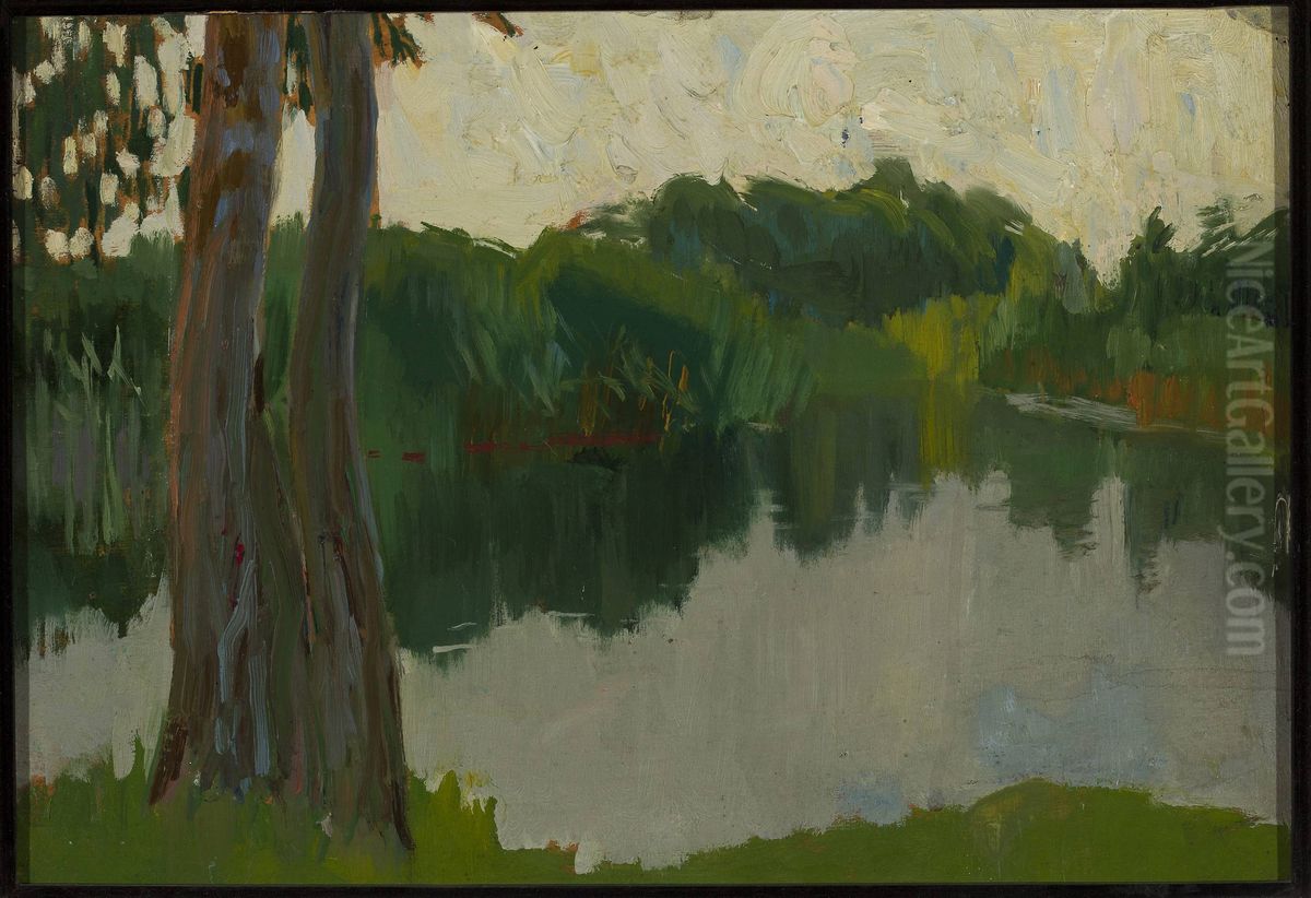 Sketch of a landscape - Pond Oil Painting by Konrad Krzyzanowski