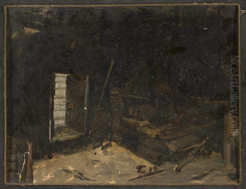 Interior of a peasant cottage, sketch Oil Painting by Kazimierz Alchimowicz