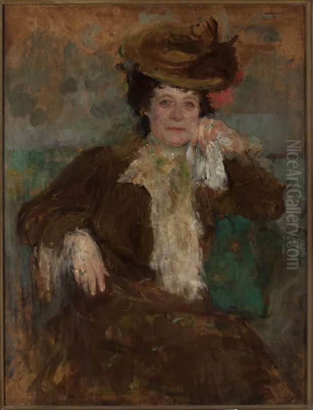 Portrait of a woman in a brown dress Oil Painting by Olga Boznanska